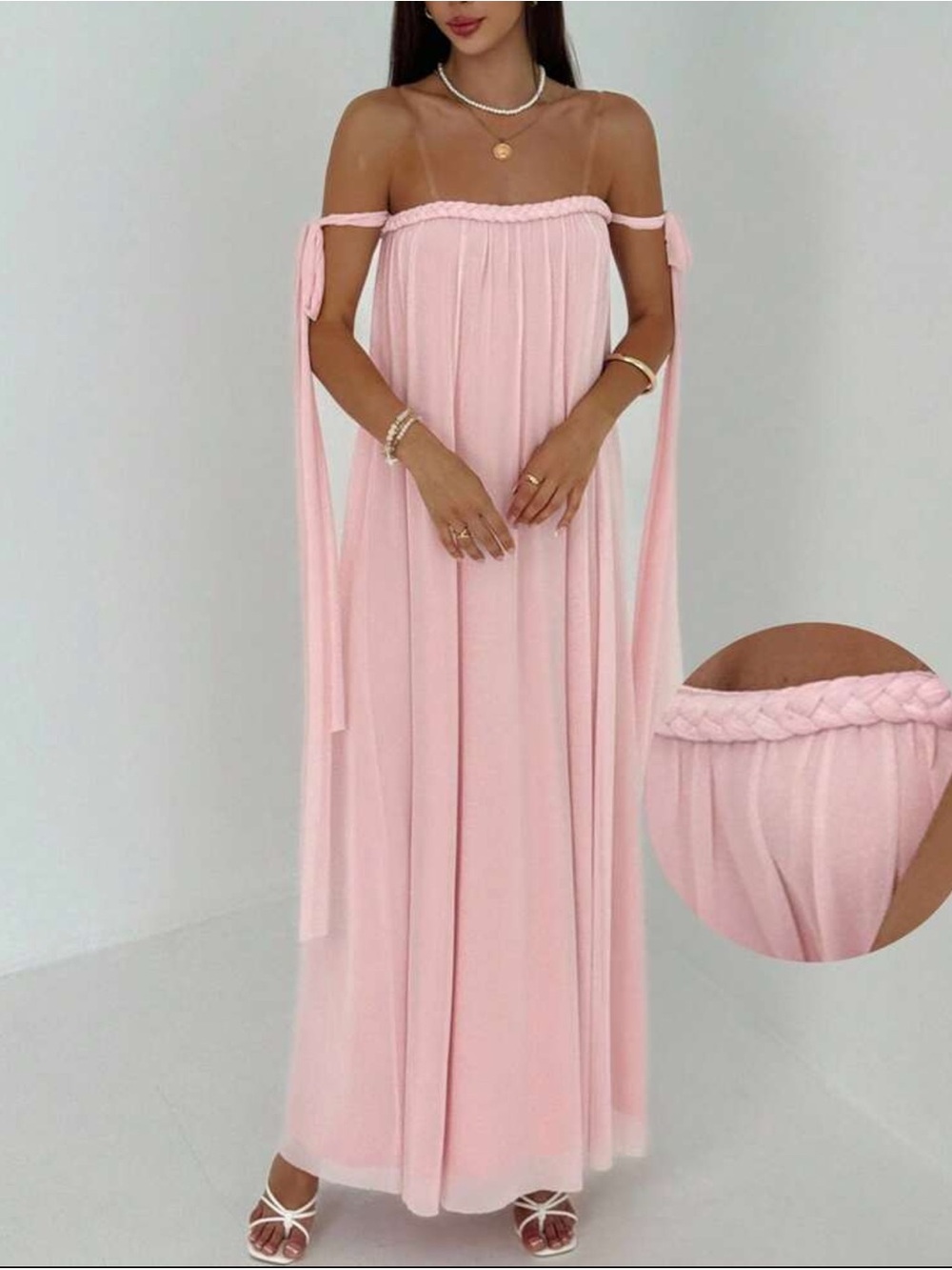 Off-Shoulder Pink Maxi Dress with Braided Detail